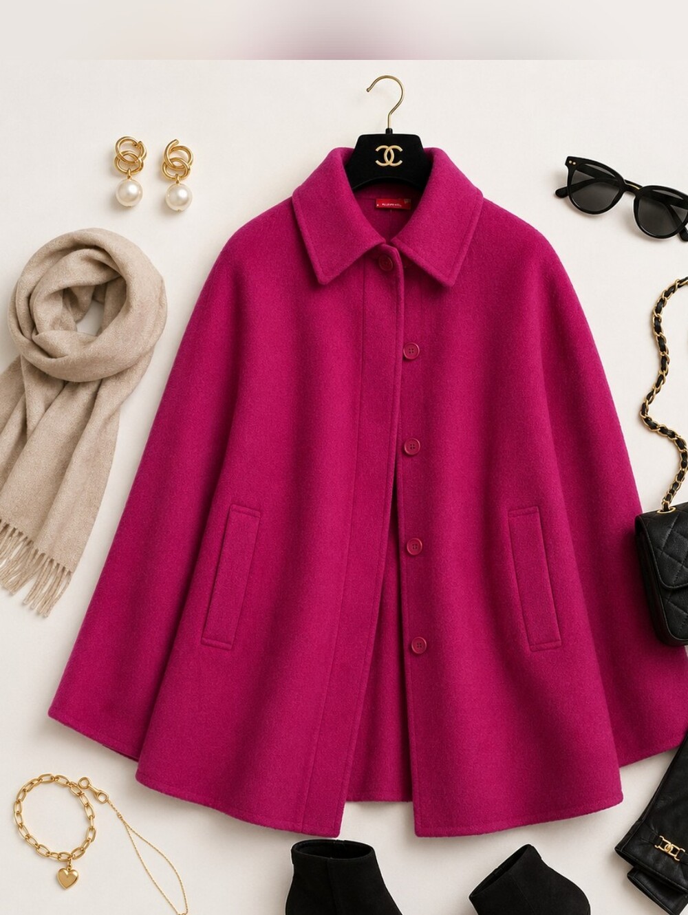 Anne Klein Fuchsia Wool Cape Coat M/L